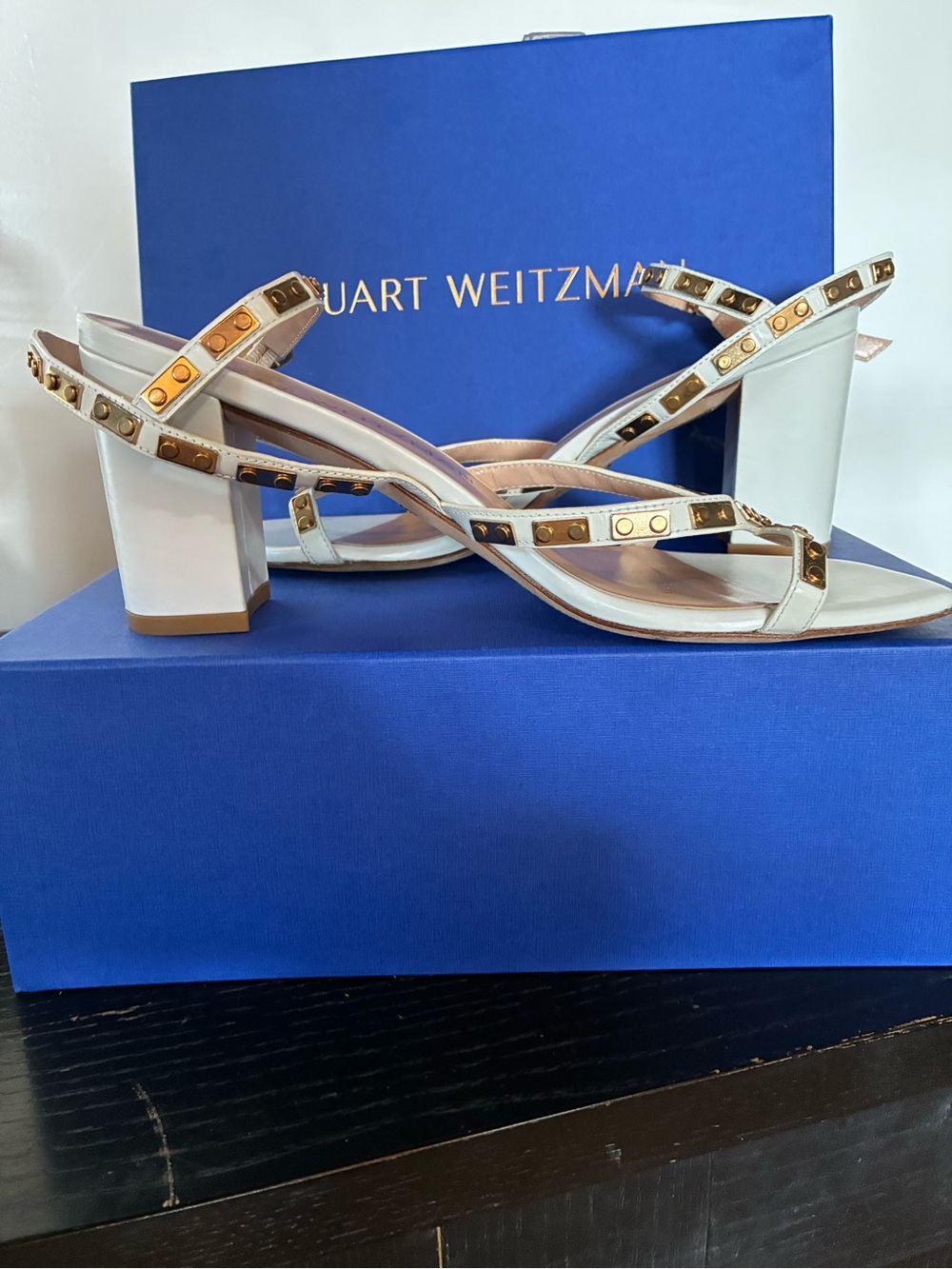 Stuart Weitzman White Leather Studded Block Heel Sandals